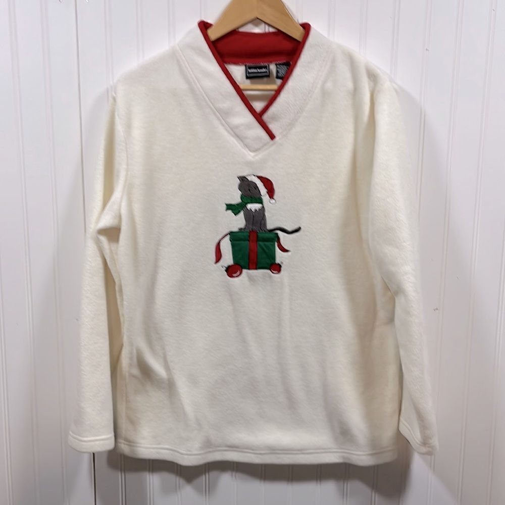 Bobbie Brooks white fleece cat sweater